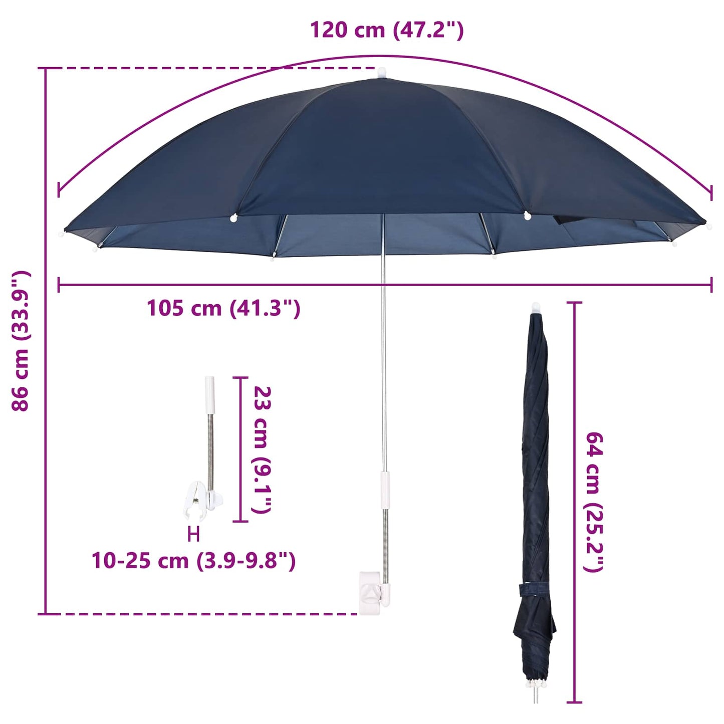 Parasol med klemme Ø 105 x 86 cm 170T polyester 2 stk. Mørkeblå