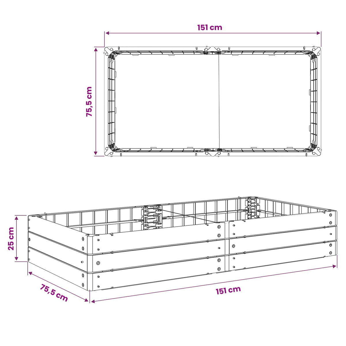Hævet bed Sort 151 x 75,5 x 25 cm PP