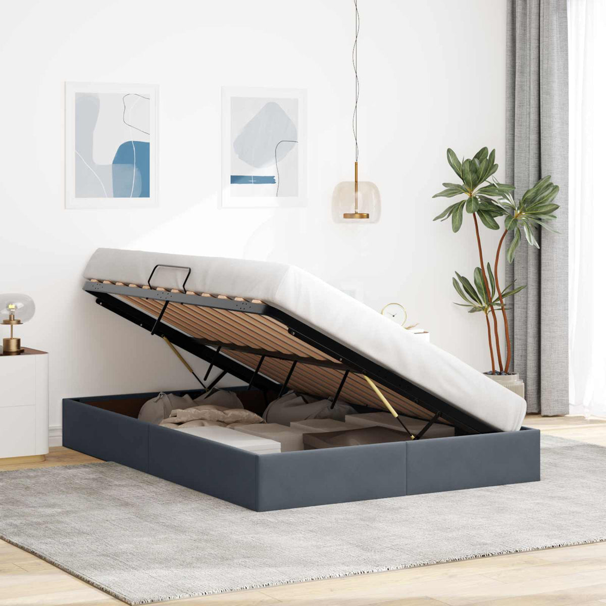 Ottoman Sengestel med opbevaring Mørkegrå 140 x 200 cm Fløjl