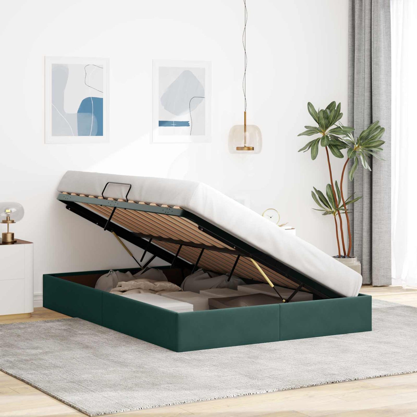 Ottoman Sengestel med opbevaring Mørkegrøn 140 x 200 cm Fløjl