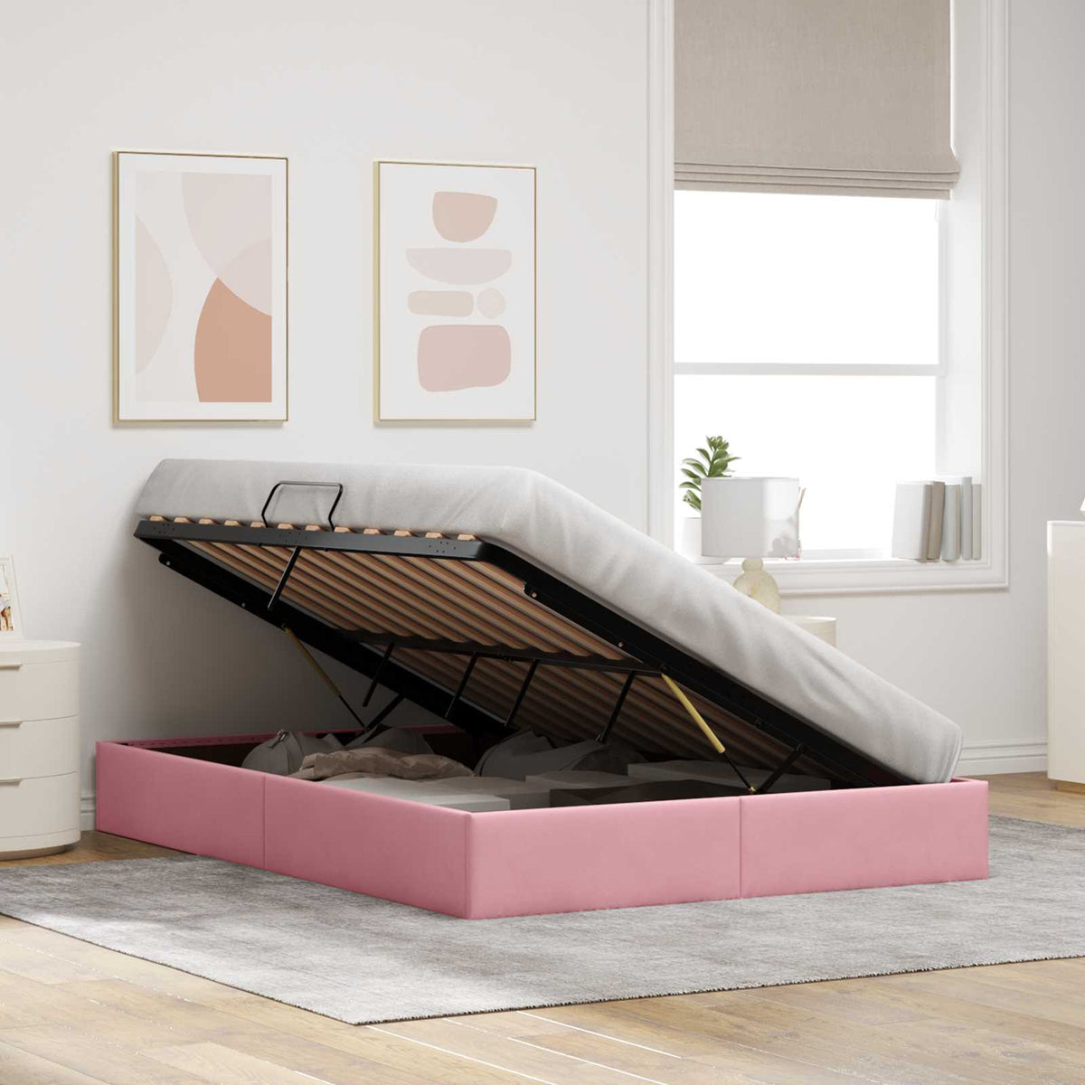 Ottoman Sengestel med opbevaring Lyserød 140 x 200 cm Fløjl