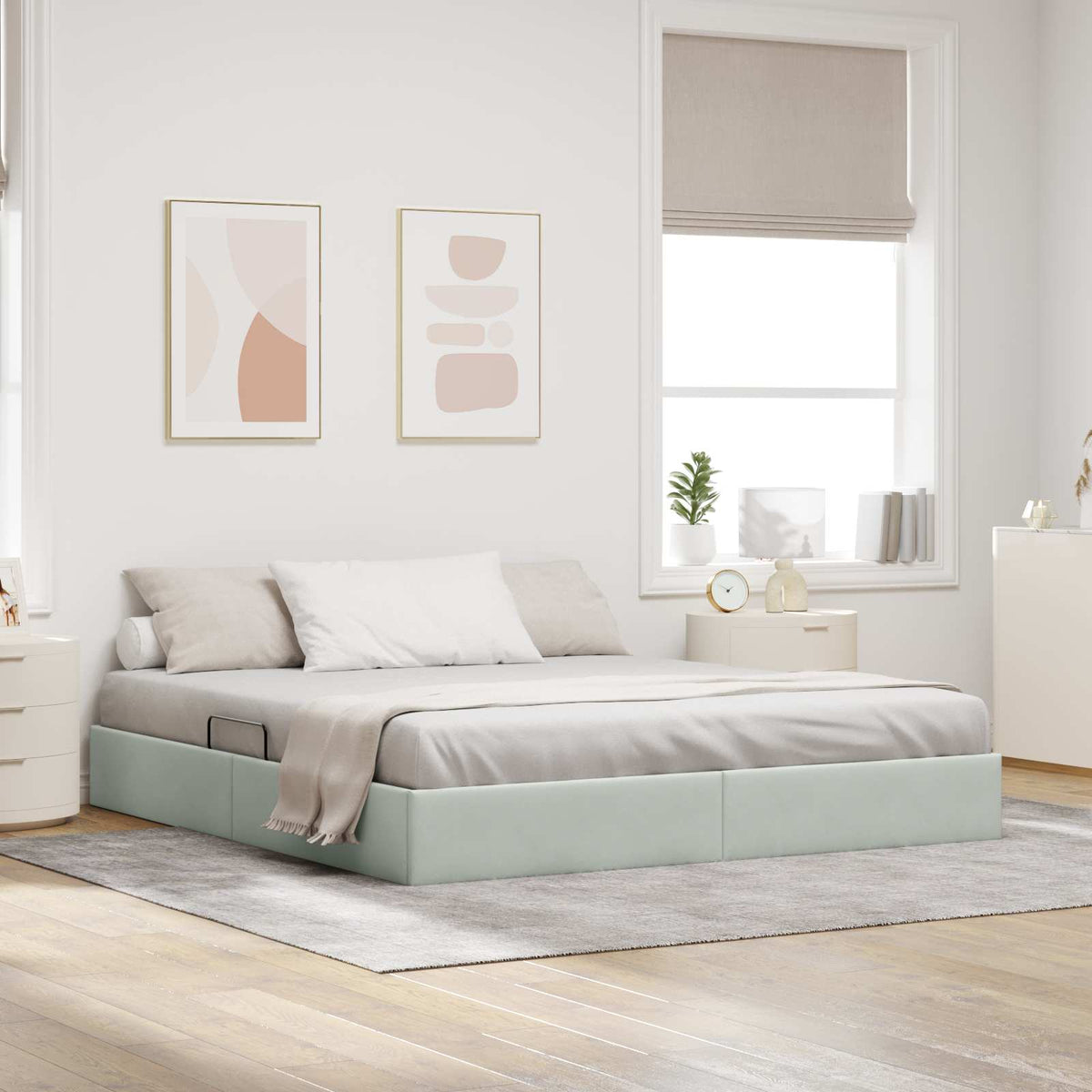 Ottoman Sengestel med opbevaring Lysegrå 160 x 200 cm Fløjl