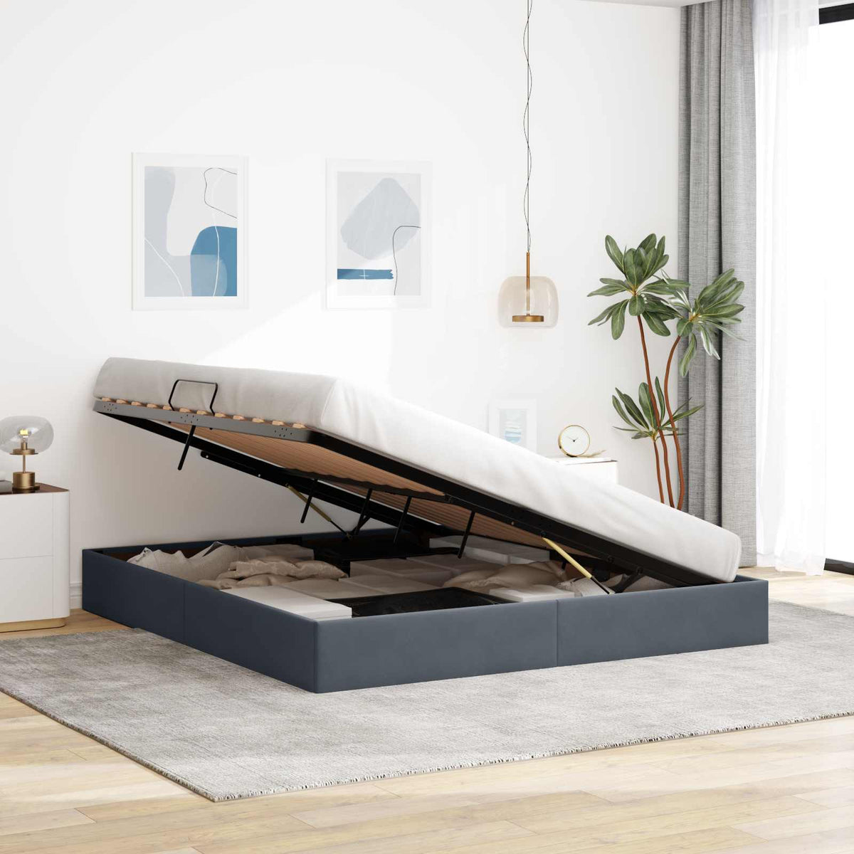 Ottoman Sengestel med opbevaring Mørkegrå 160 x 200 cm Fløjl