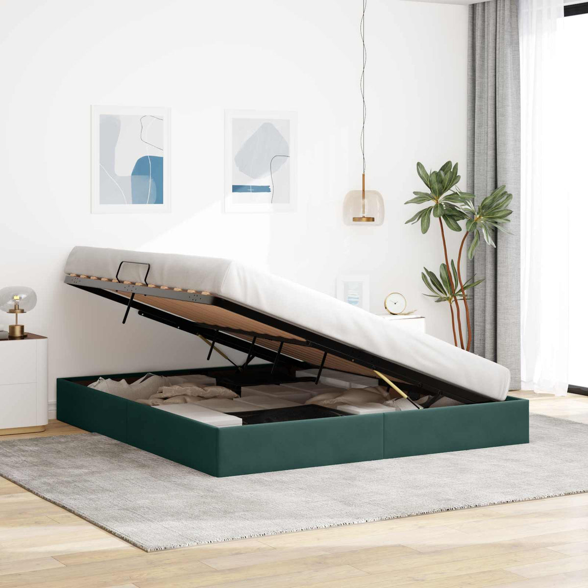 Ottoman Sengestel med opbevaring Mørkegrøn 160 x 200 cm Fløjl