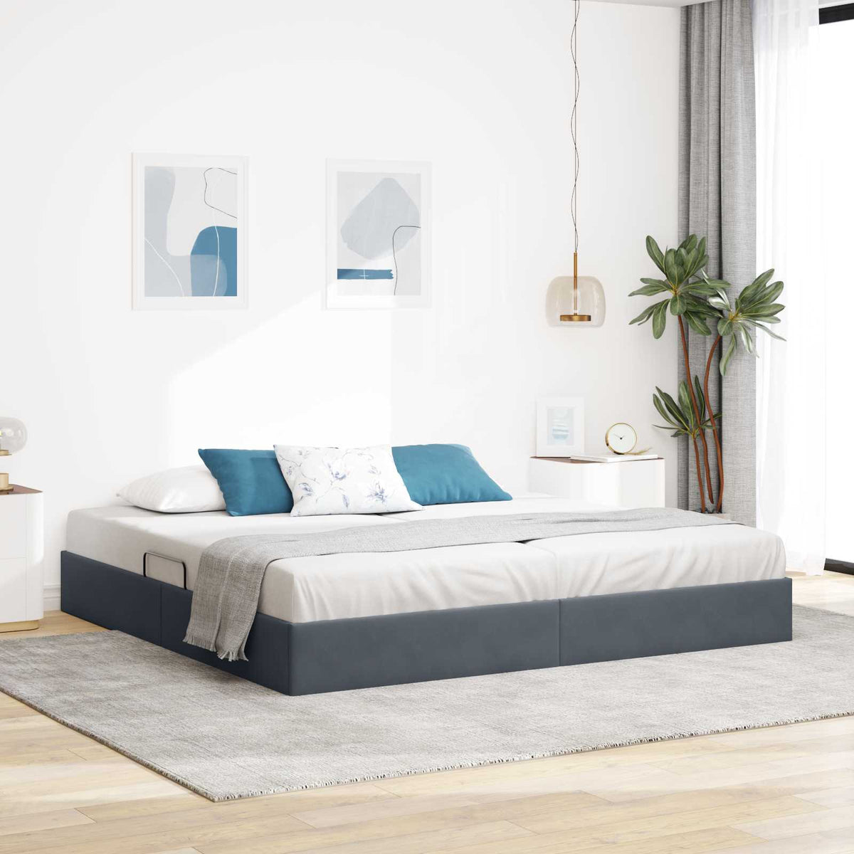 Ottoman Sengestel med opbevaring Mørkegrå 200 x 200 cm Fløjl