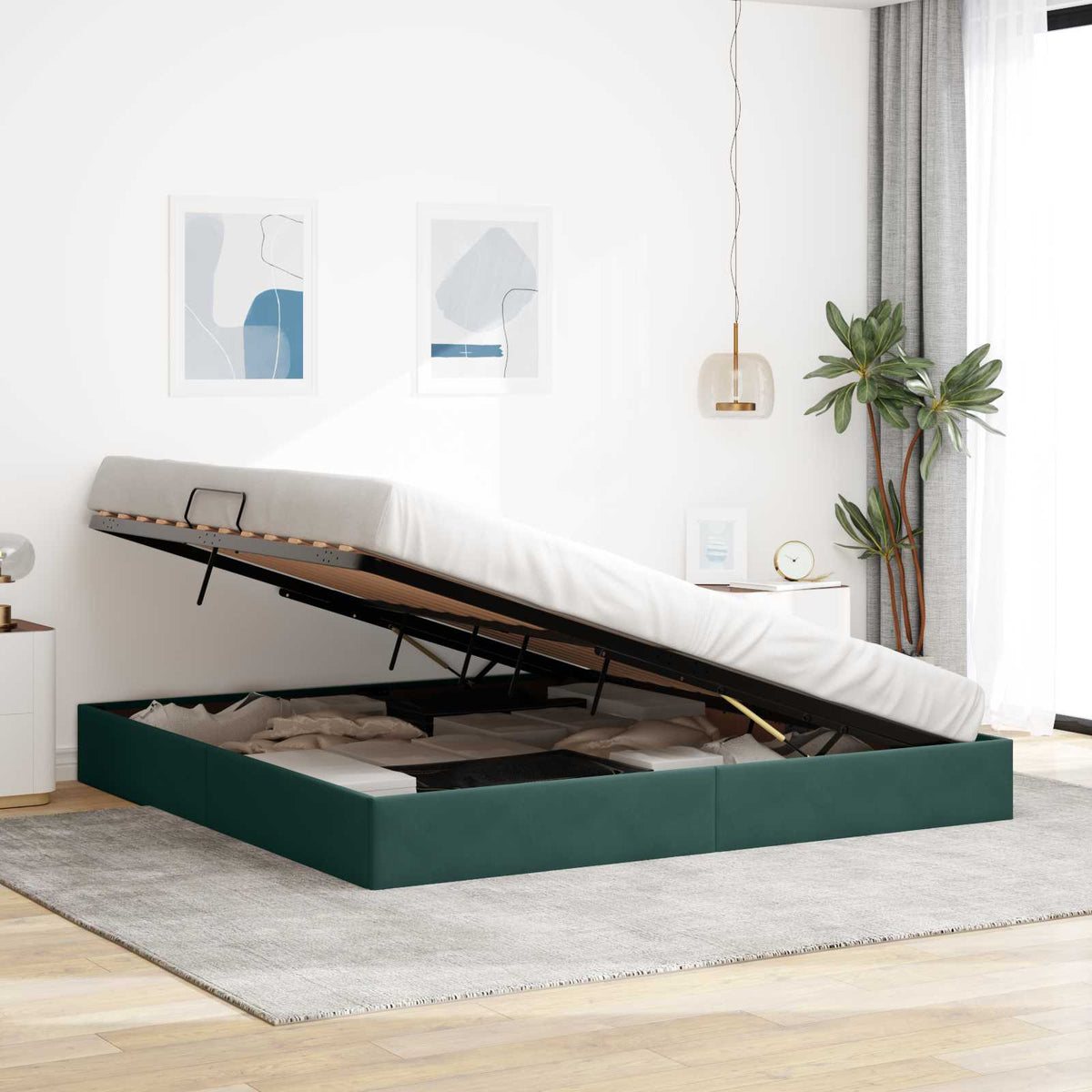 Ottoman Sengestel med opbevaring Mørkegrøn 200 x 200 cm Fløjl