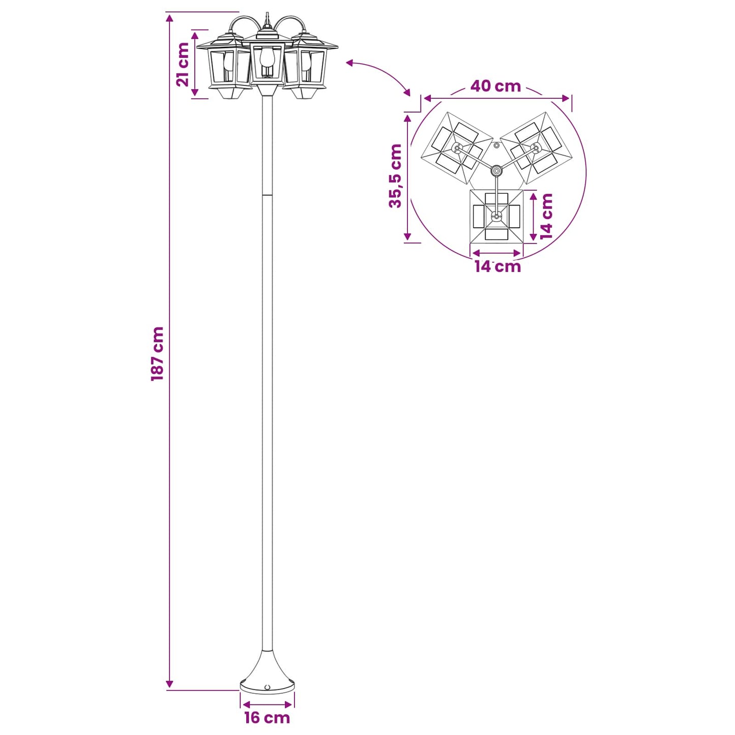 3-hoved lampepost with LED Bulb Sort 16 x 16 x 187 cm