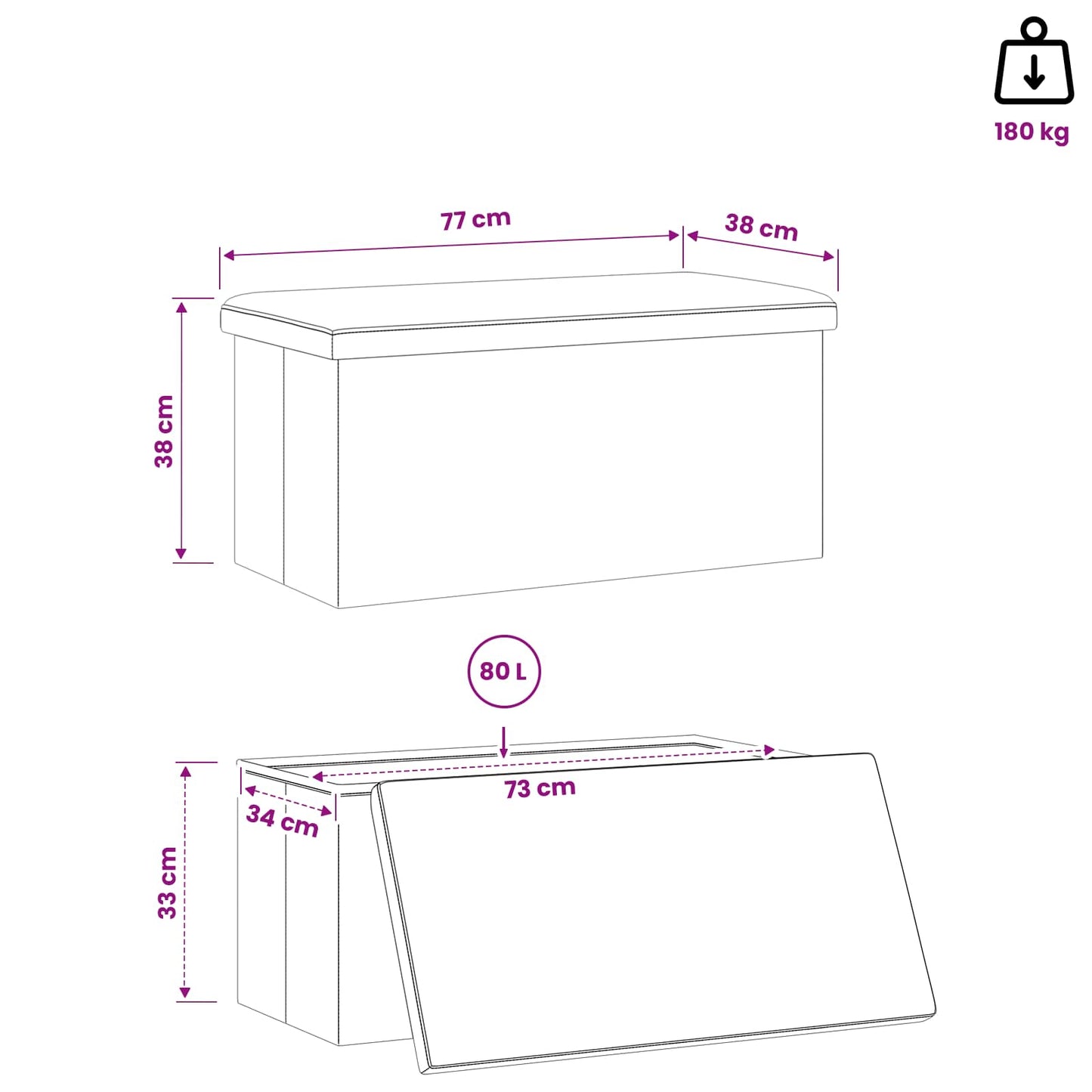 Foldbar opbevaringsbænk Sort 180 kg 80 L 77 x 38 x 38 cm PVC