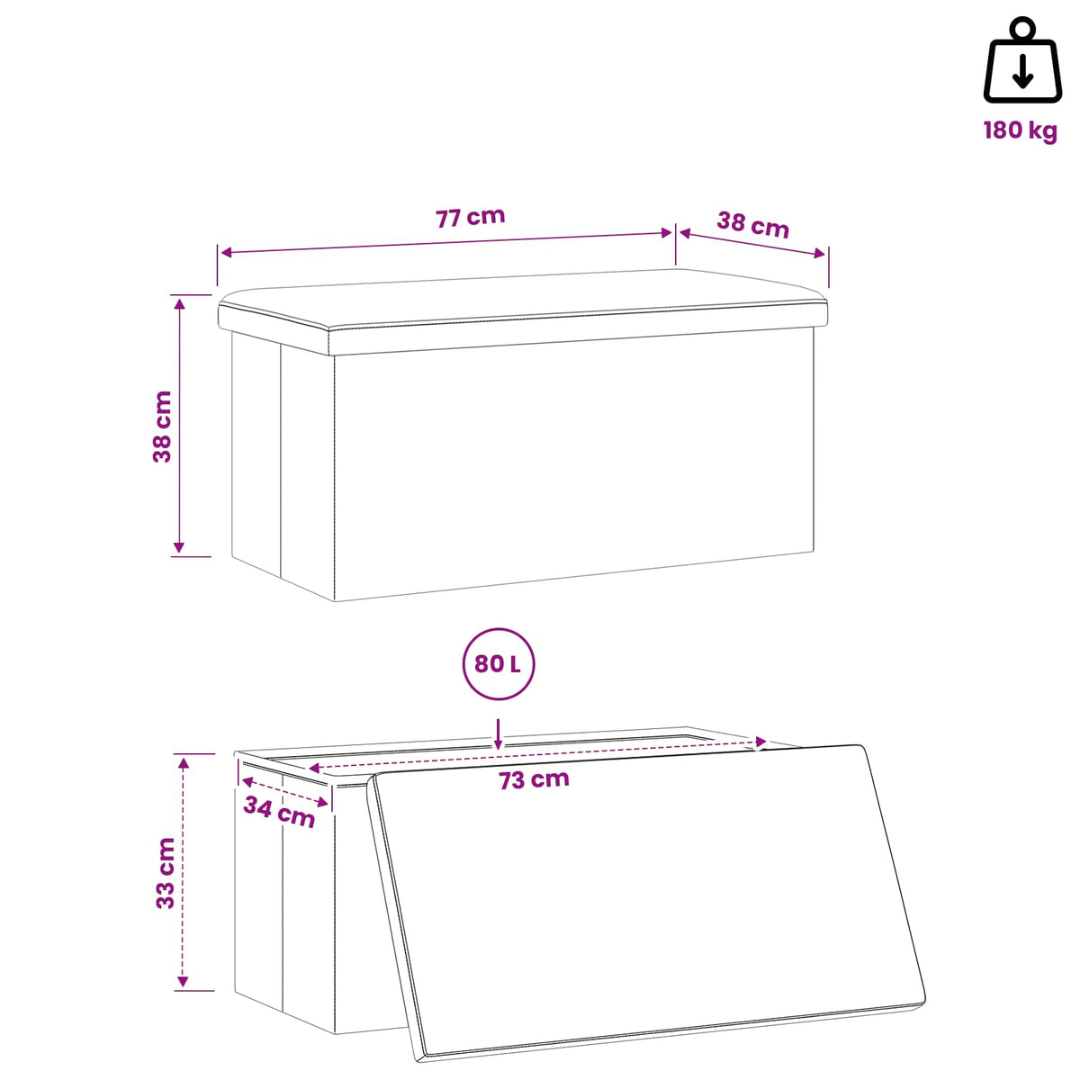 Foldbar opbevaringsbænk Grå 180 kg 80 L 77 x 38 x 38 cm PVC