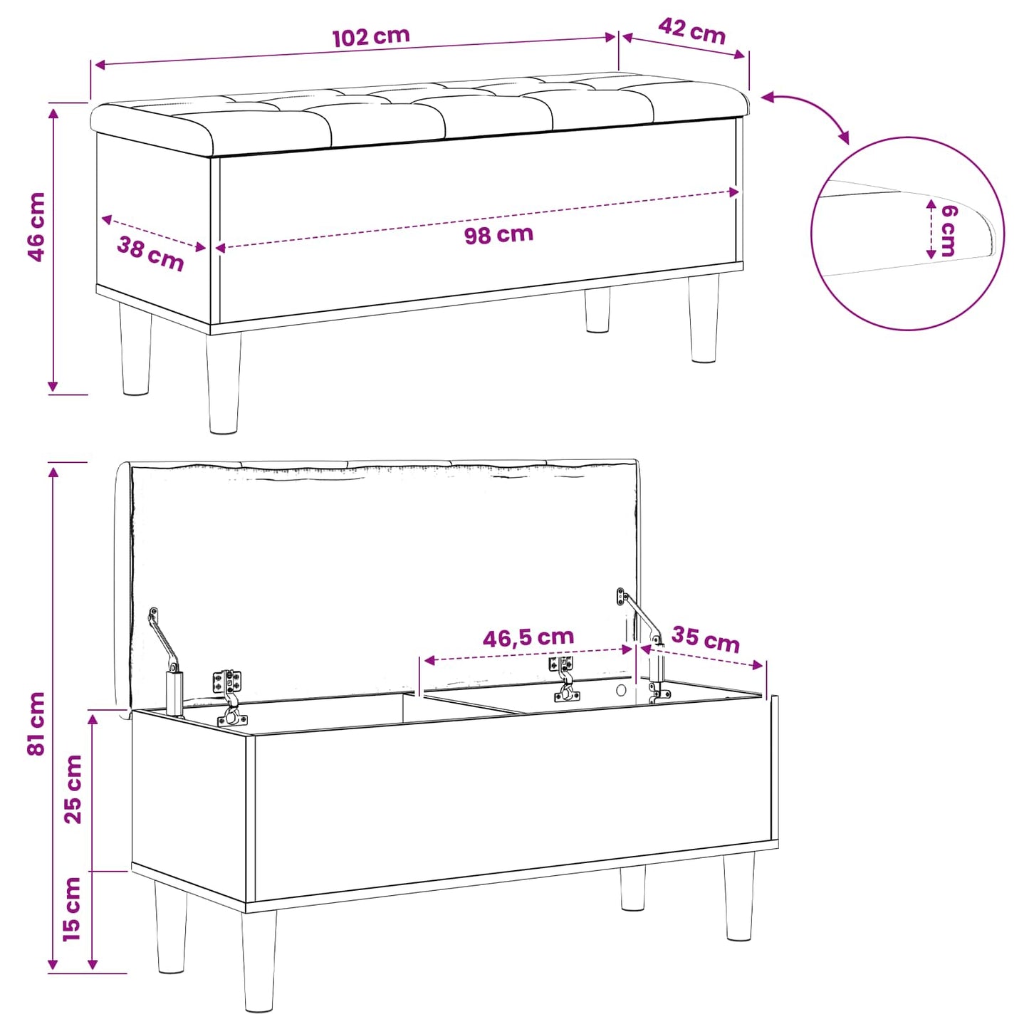 Opbevaringsbænk med pude Sort eg 102 x 42 x 46 cm