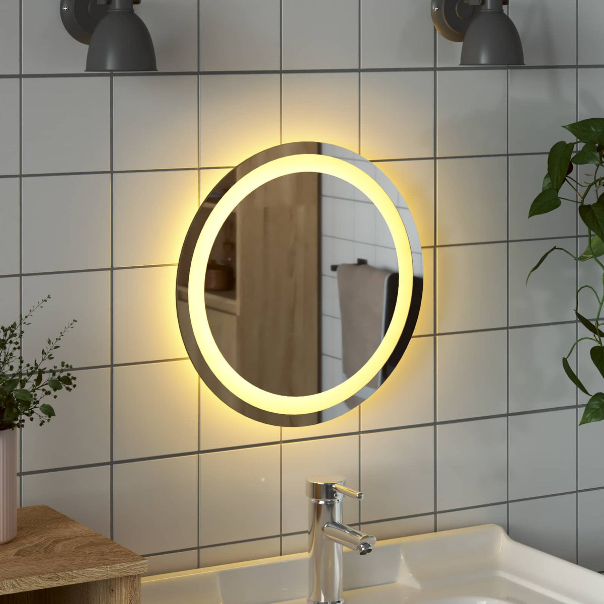 LED badeværelsesspejl med spejl Transparent Ø 40 cm hærdet glas