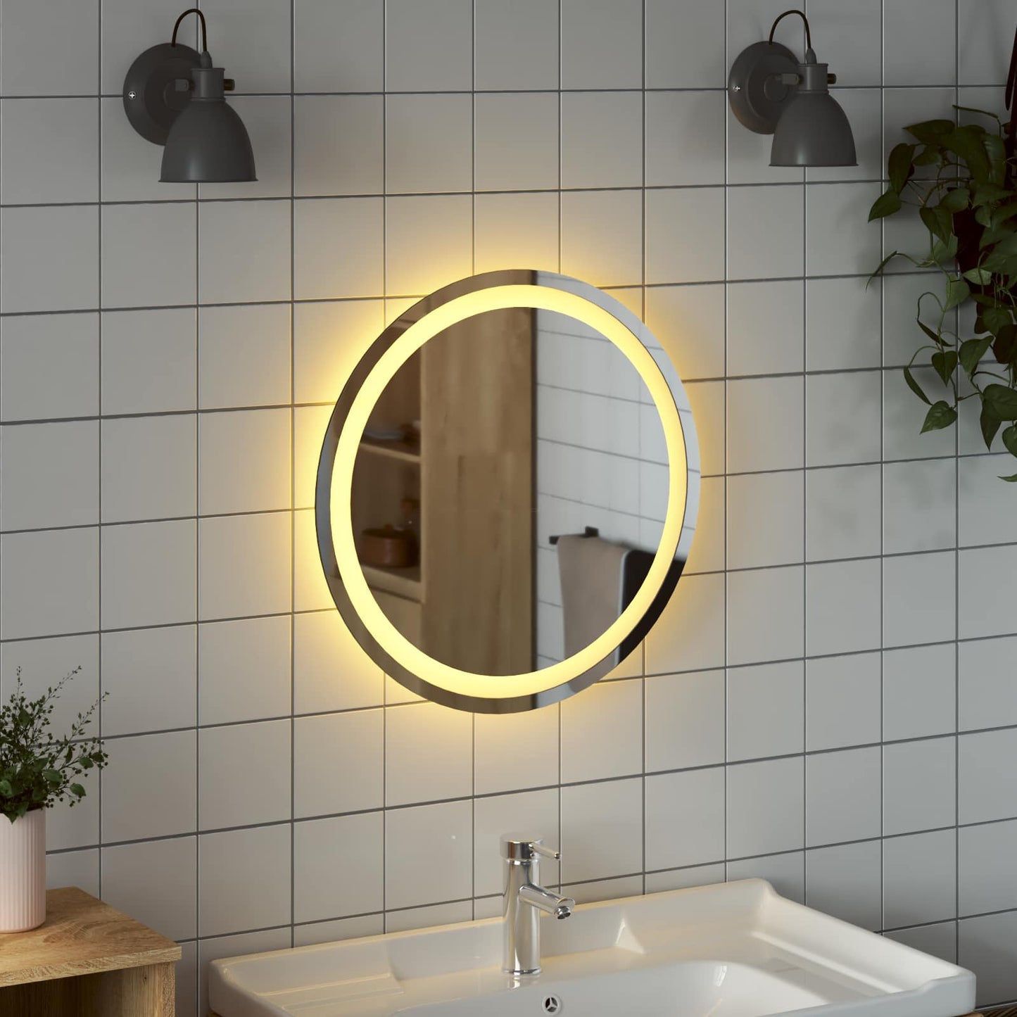 LED badeværelsesspejl med spejl Transparent Ø 50 cm hærdet glas