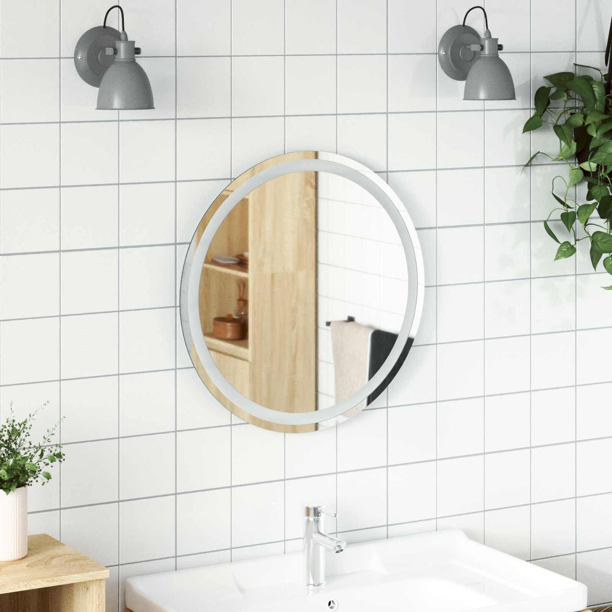 LED badeværelsesspejl med spejl Transparent Ø 60 cm hærdet glas