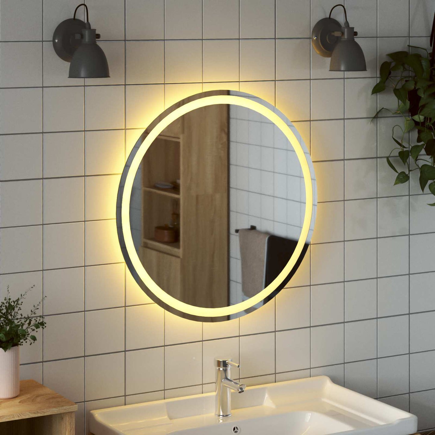 LED badeværelsesspejl med spejl Transparent Ø 70 cm hærdet glas