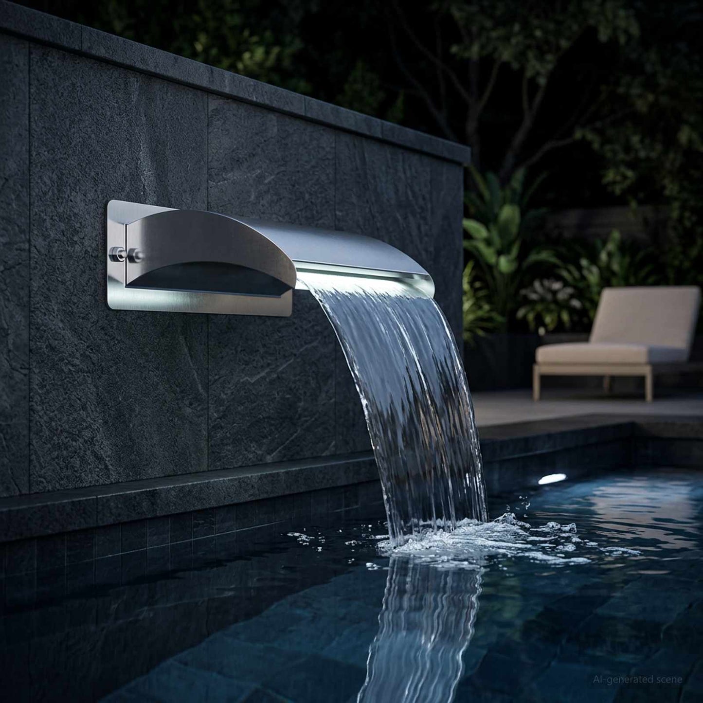 Poolvandfald med LED Rustfrit Stål 304 30 x 9 x 26 cm Sølv