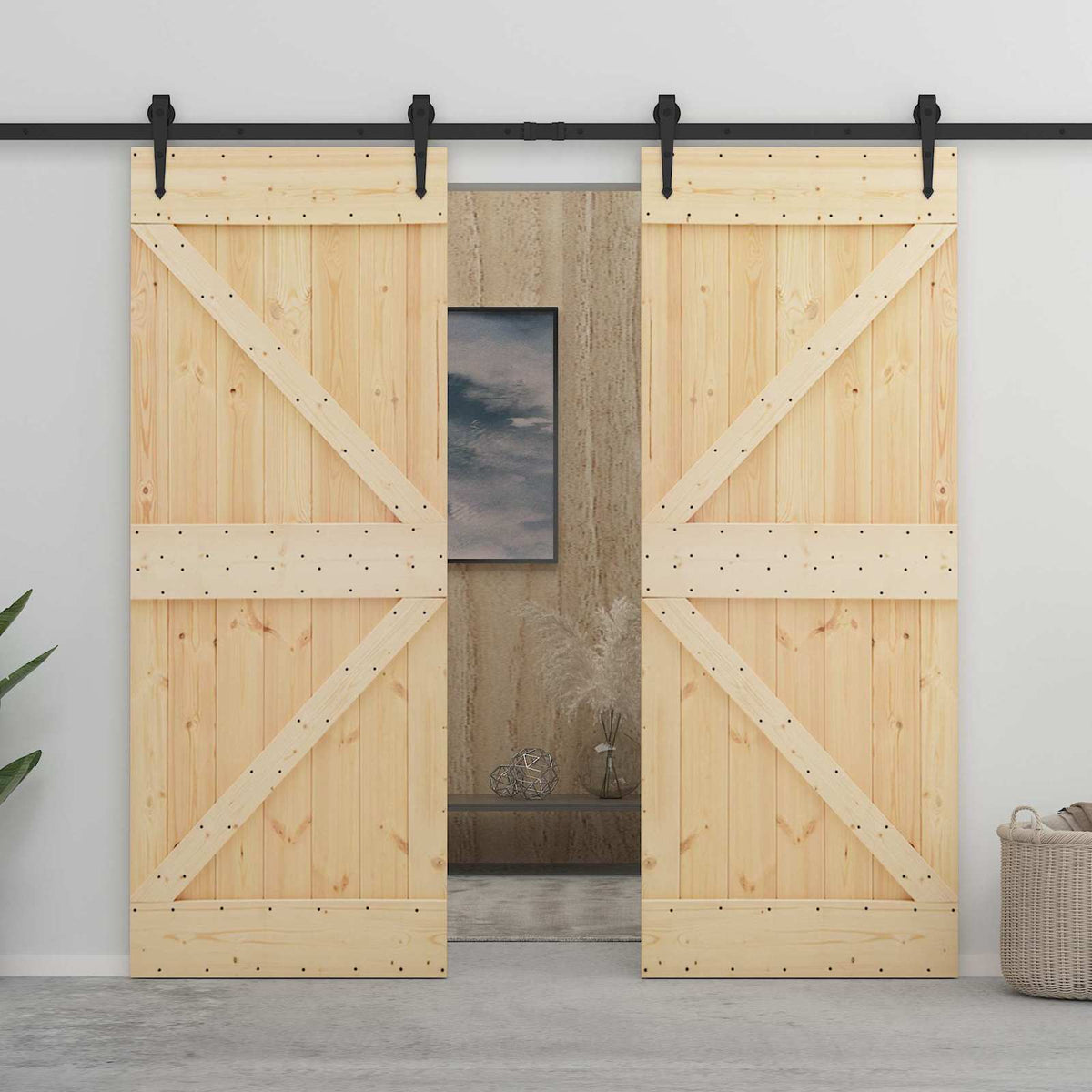 Skydedør 80 x 210 cm Massivt fyrretræ Naturfarvet og sort