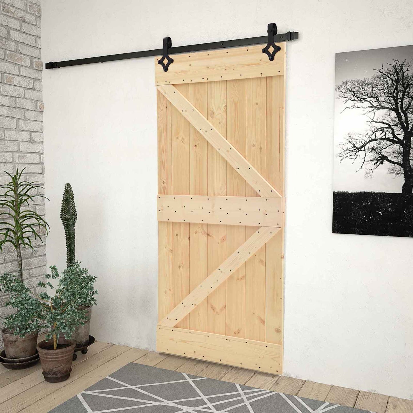 Skydedør 80 x 210 cm Massivt fyrretræ Naturfarvet og sort