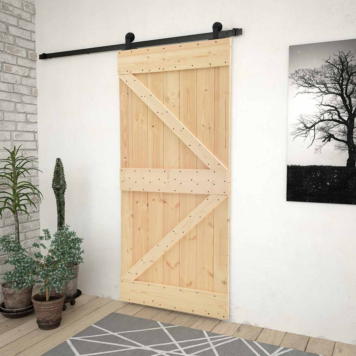Skydedør 80 x 210 cm Massivt fyrretræ Naturfarvet og sort