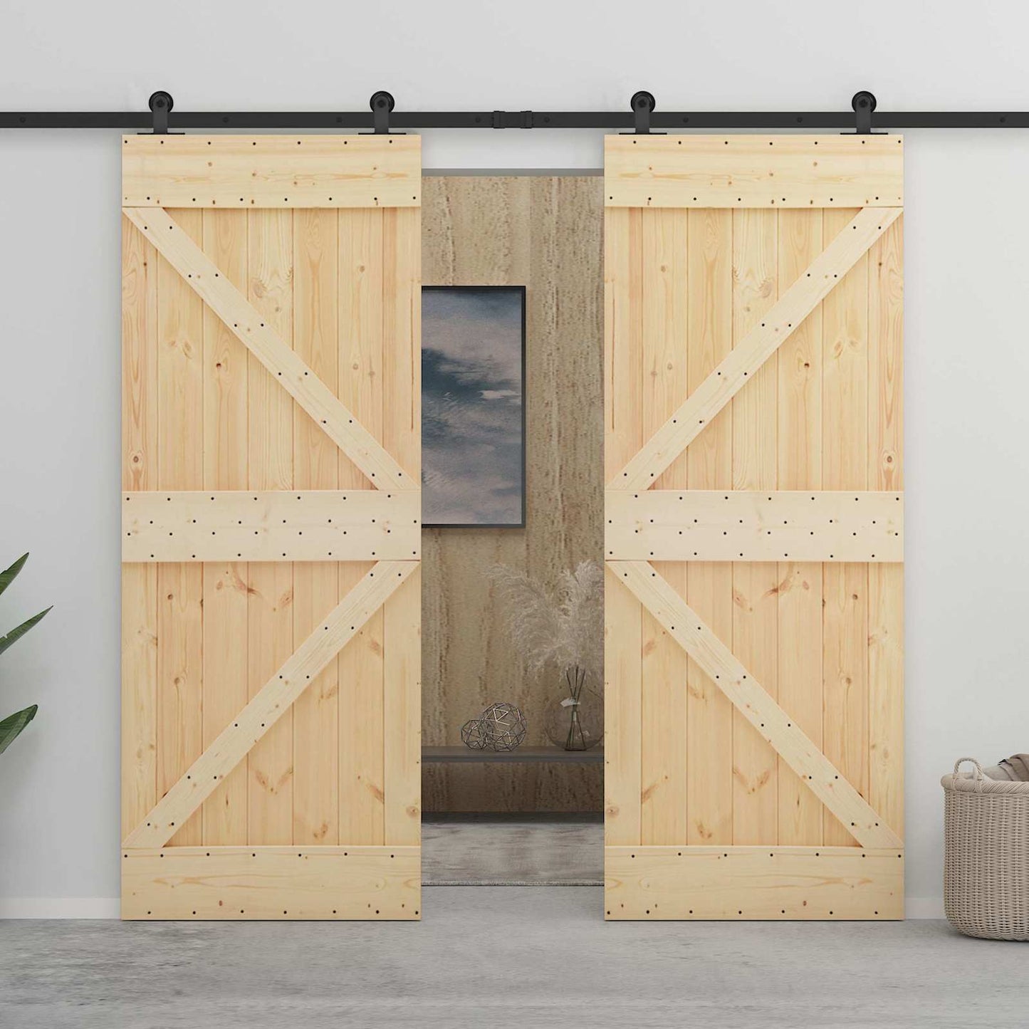 Skydedør 80 x 210 cm Massivt fyrretræ Naturfarvet og sort