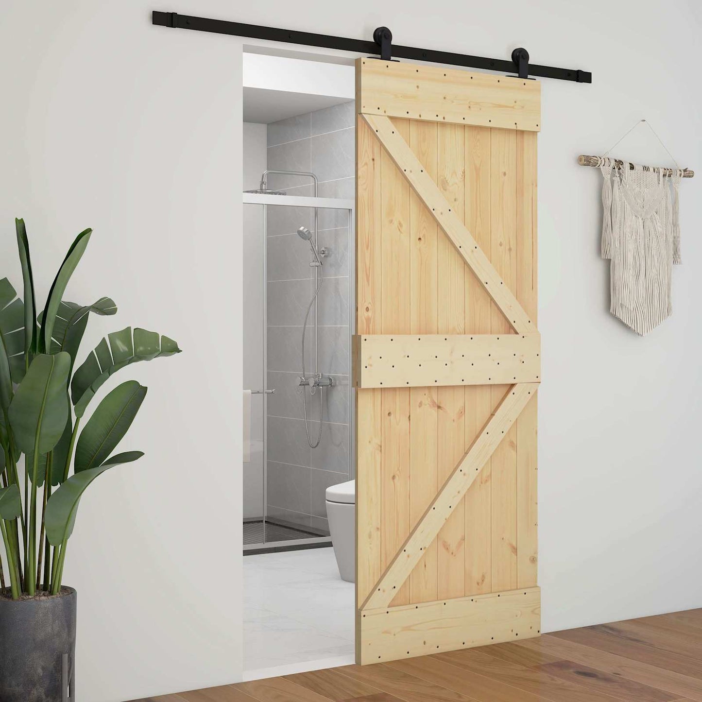 Skydedør 80 x 210 cm Massivt fyrretræ Naturfarvet og sort