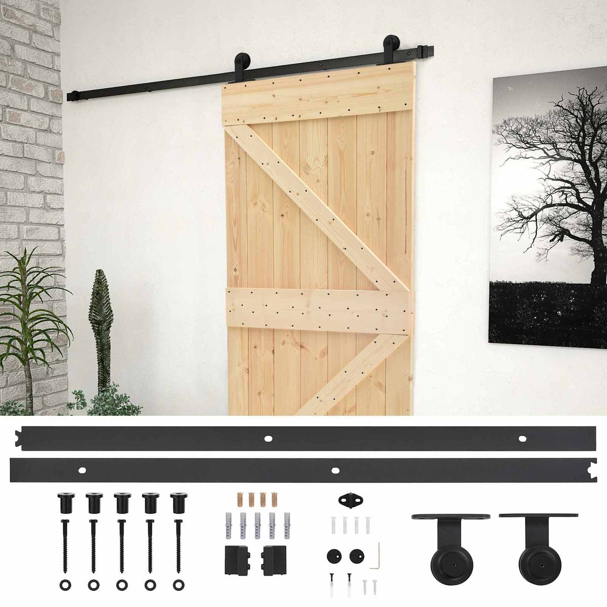 Skydedør 80 x 210 cm Massivt fyrretræ Naturfarvet og sort