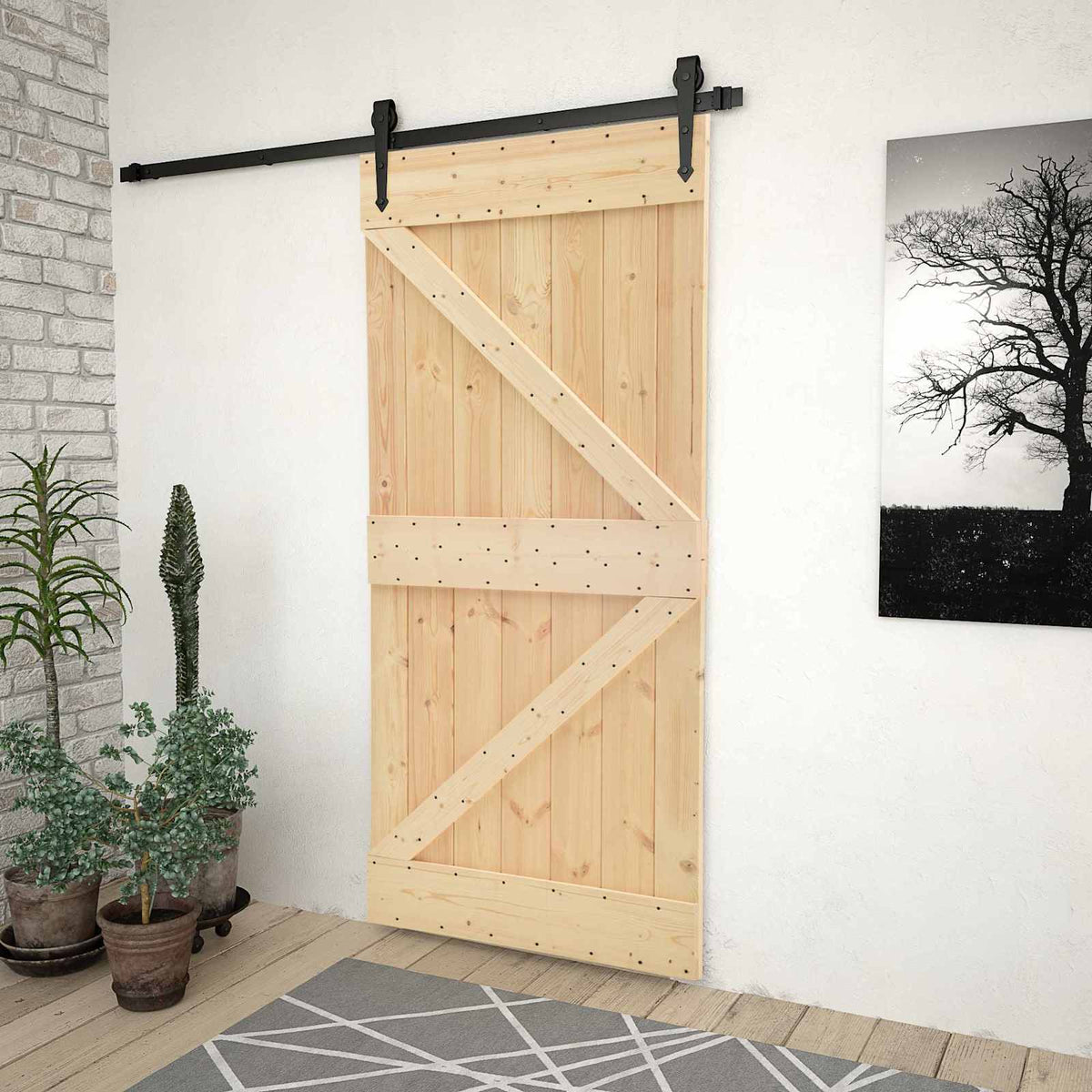 Skydedør 90 x 210 cm Massivt fyrretræ Naturfarvet og sort