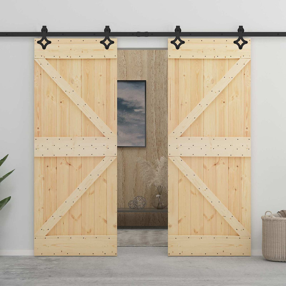 Skydedør 90 x 210 cm Massivt fyrretræ Naturfarvet og sort
