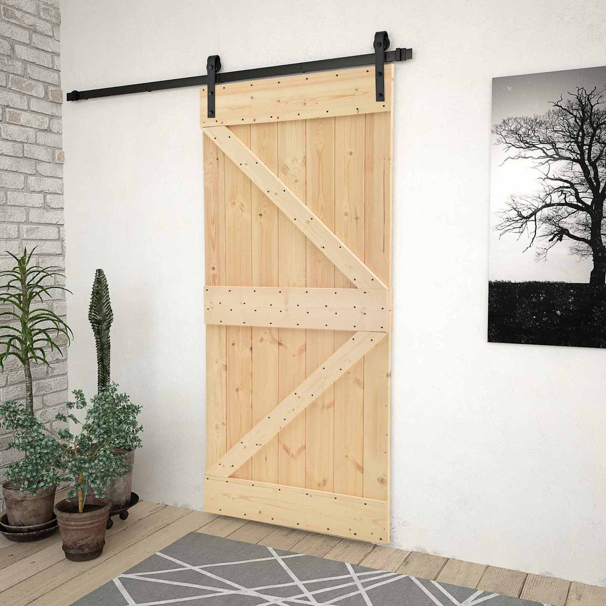 Skydedør 90 x 210 cm Massivt fyrretræ Naturfarvet og sort