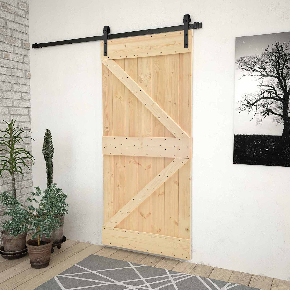 Skydedør 90 x 210 cm Massivt fyrretræ Naturfarvet og sort