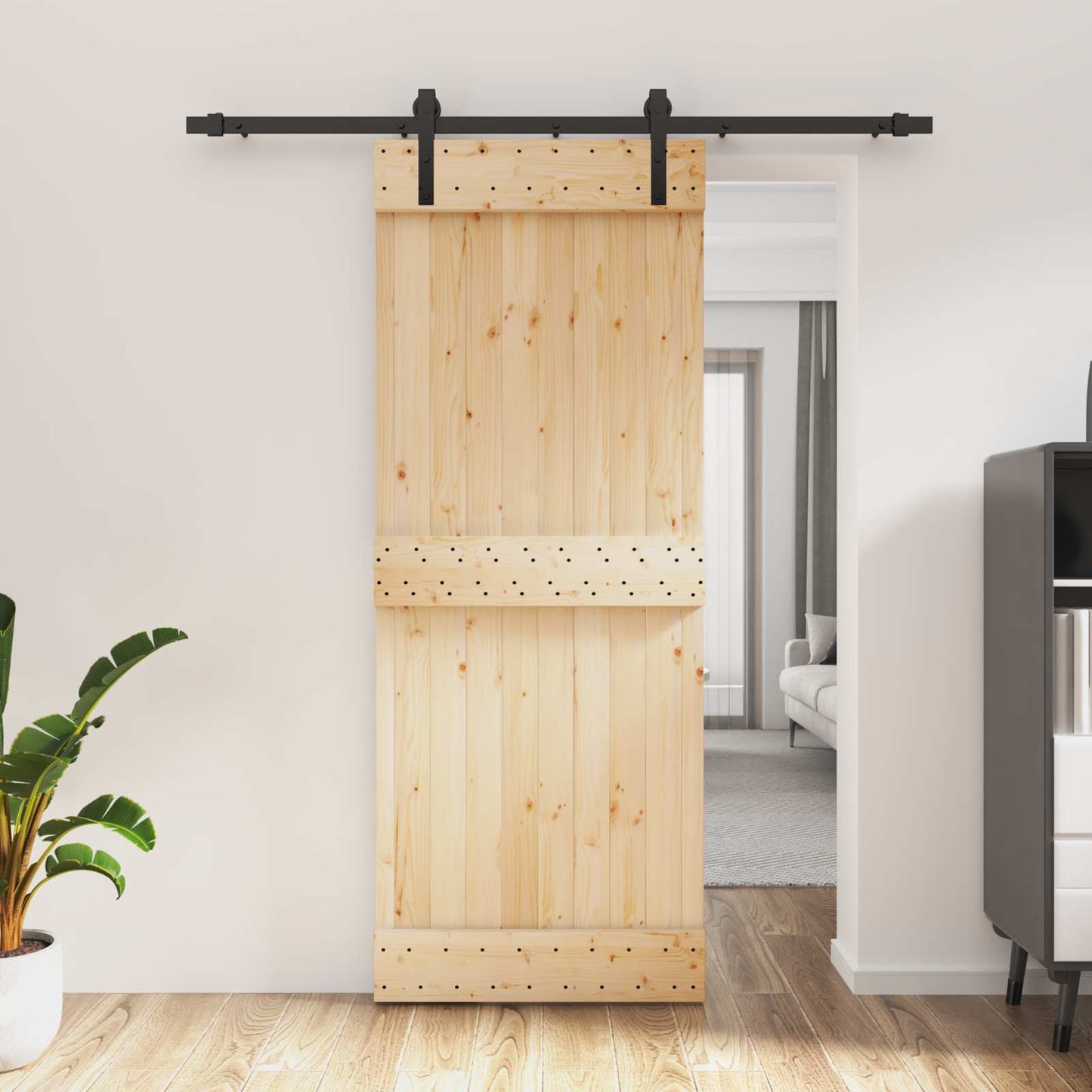 Skydedør Naturfarvet og sort 80 x 210 cm Massivt Fyrretræ