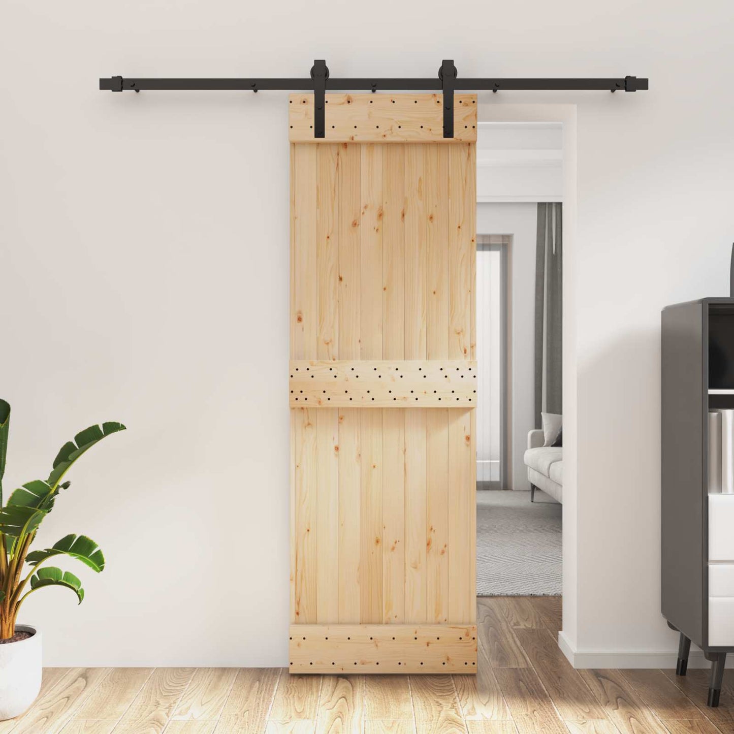 Skydedør Naturfarvet og sort 70 x 210 cm Massivt Fyrretræ
