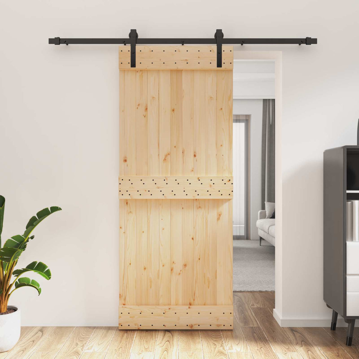 Skydedør Naturfarvet og sort 85 x 210 cm Massivt Fyrretræ