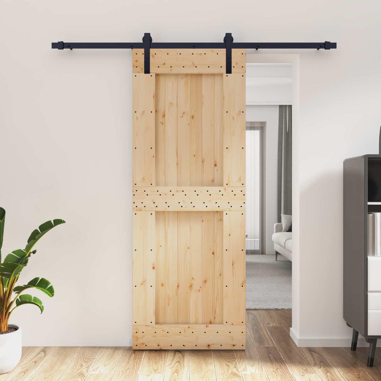 Skydedør Naturfarvet og sort 80 x 210 cm Massivt Fyrretræ