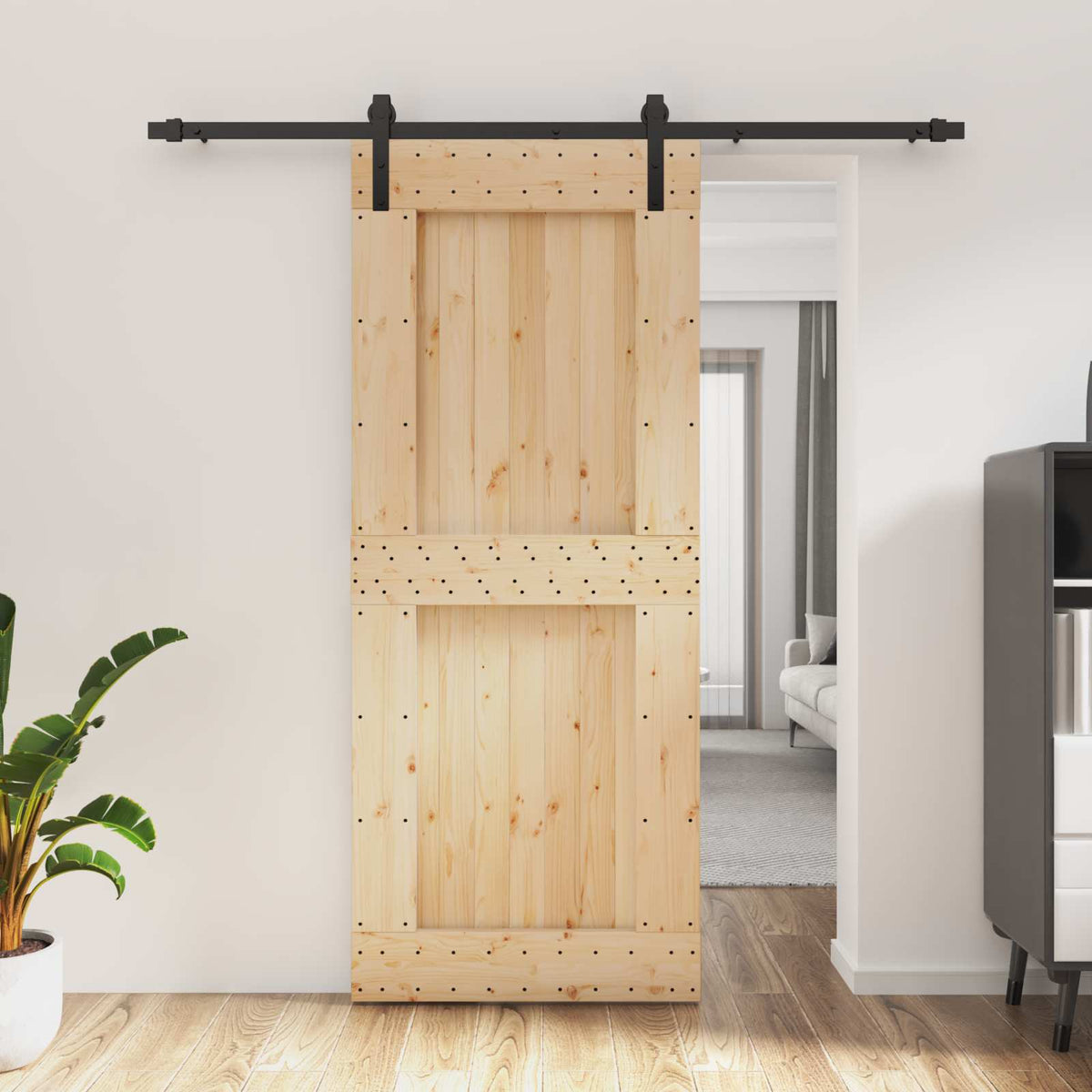 Skydedør Naturfarvet og sort 85 x 210 cm Massivt Fyrretræ