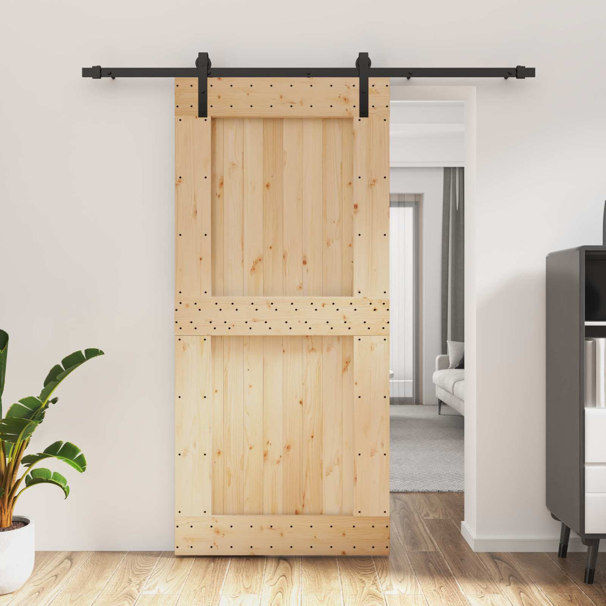 Skydedør Naturfarvet og sort 95 x 210 cm Massivt Fyrretræ