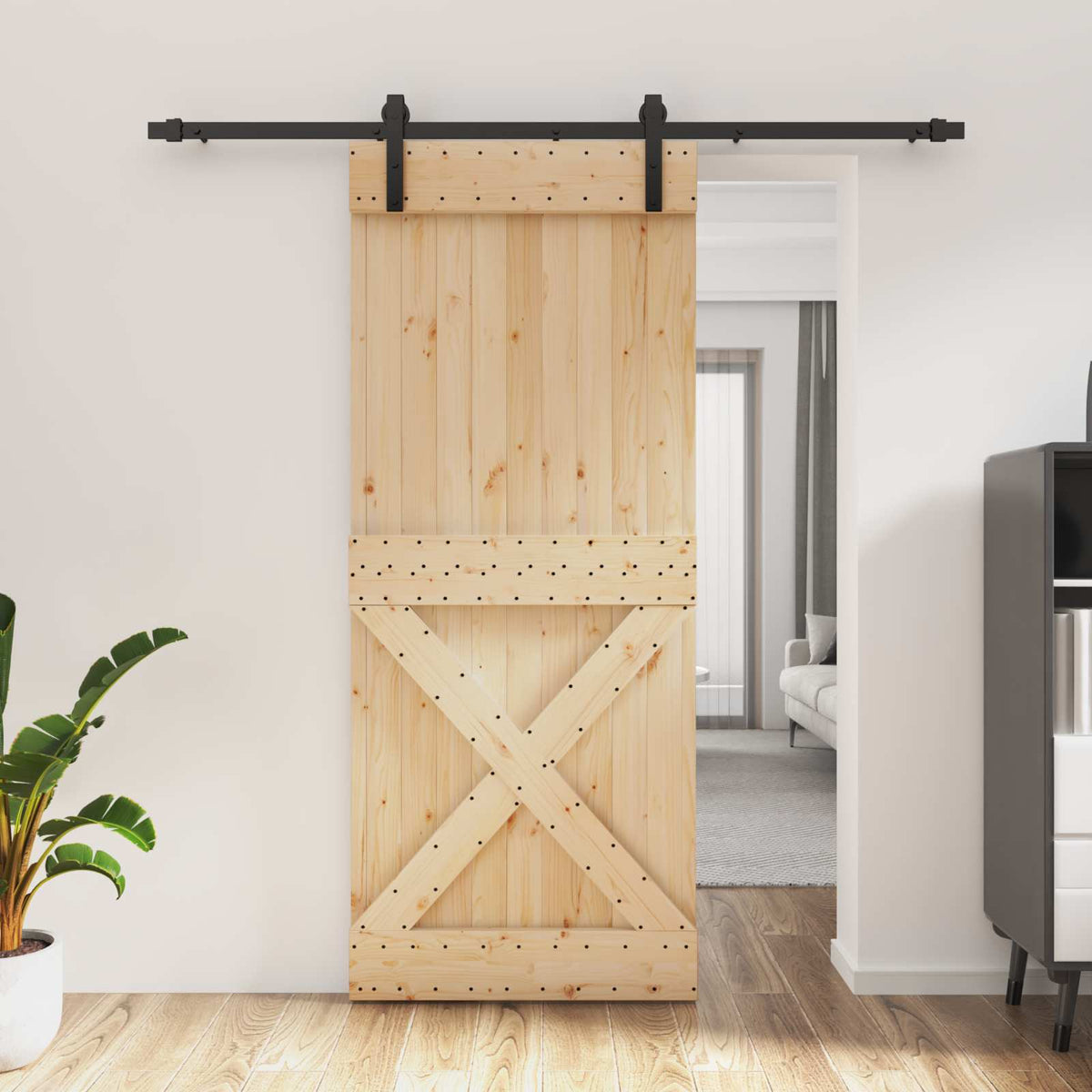 Skydedør Naturfarvet og sort 85 x 210 cm Massivt Fyrretræ