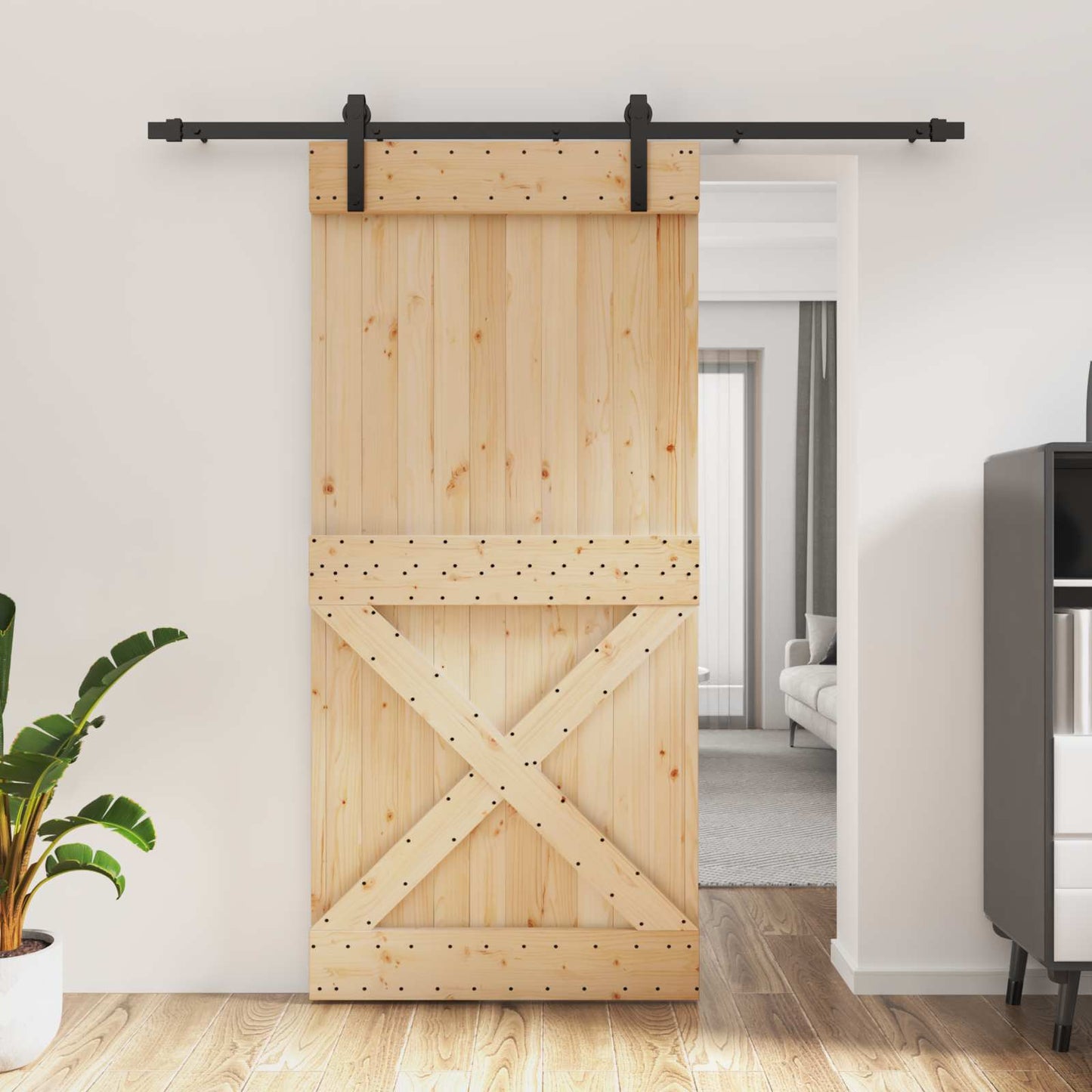 Skydedør Naturfarvet og sort 95 x 210 cm Massivt Fyrretræ