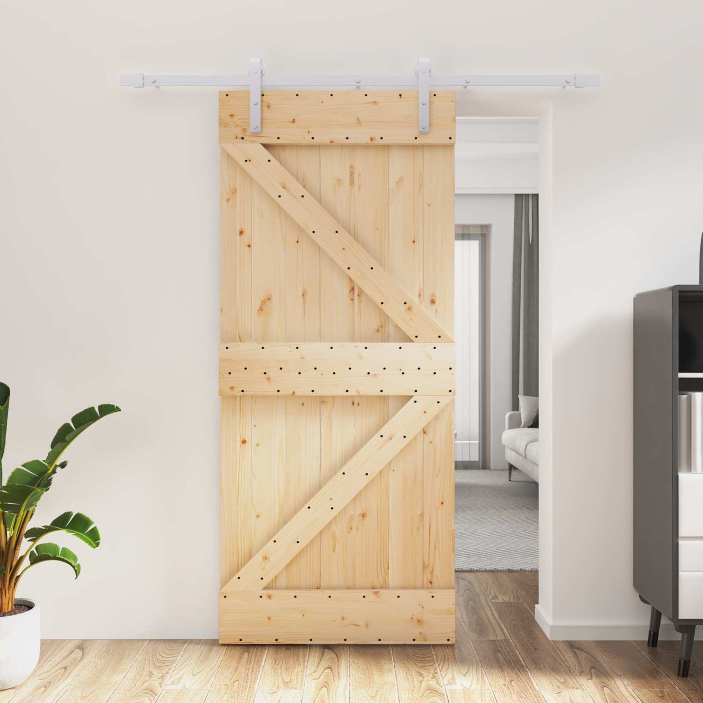 Skydedør 90 x 210 cm Massivt fyrretræ Natur og hvid