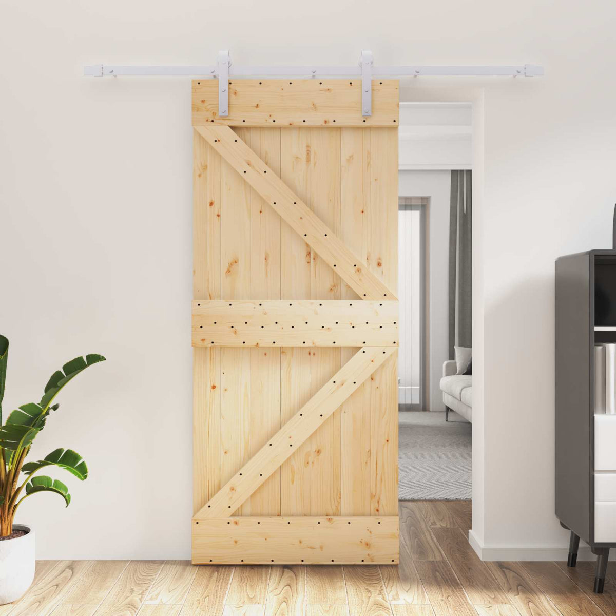 Skydedør 90 x 210 cm Massivt fyrretræ Natur og hvid