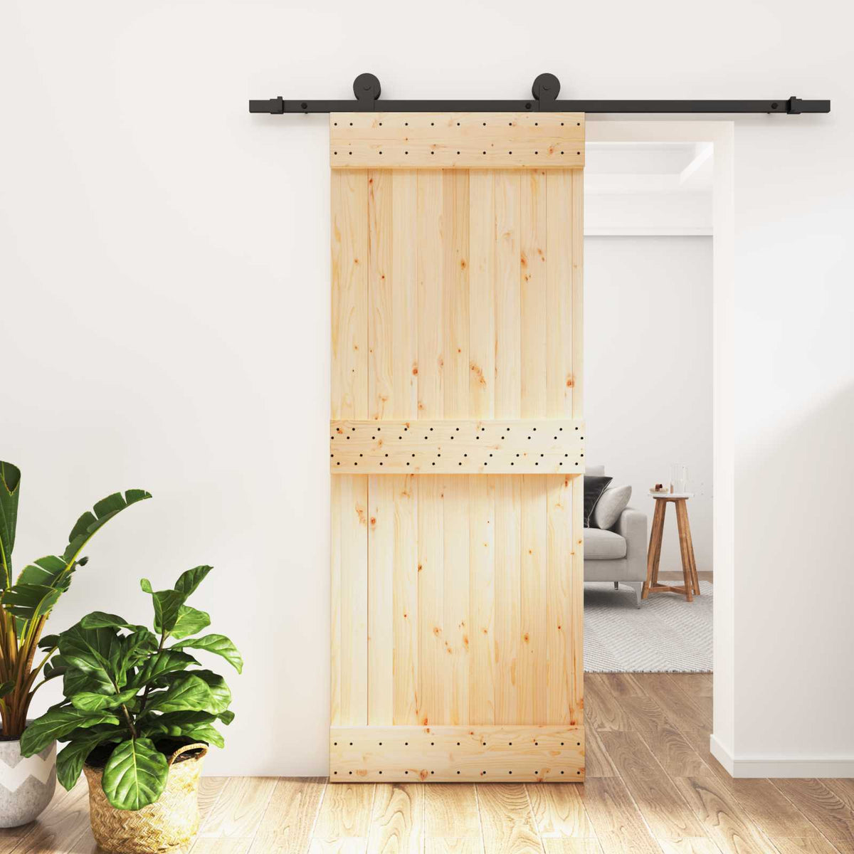 Skydedør Naturfarvet og sort 80 x 210 cm Massivt Fyrretræ