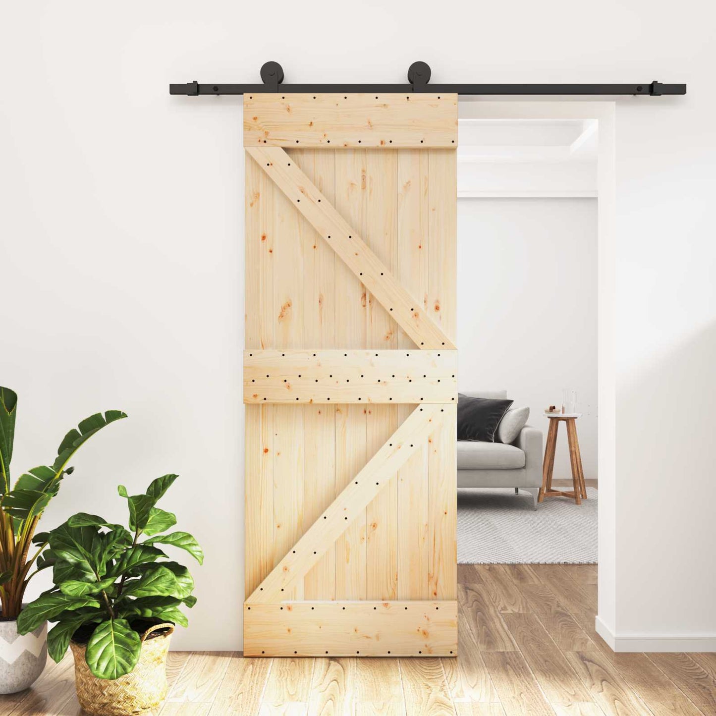 Skydedør Naturfarvet og sort 70 x 210 cm Massivt Fyrretræ
