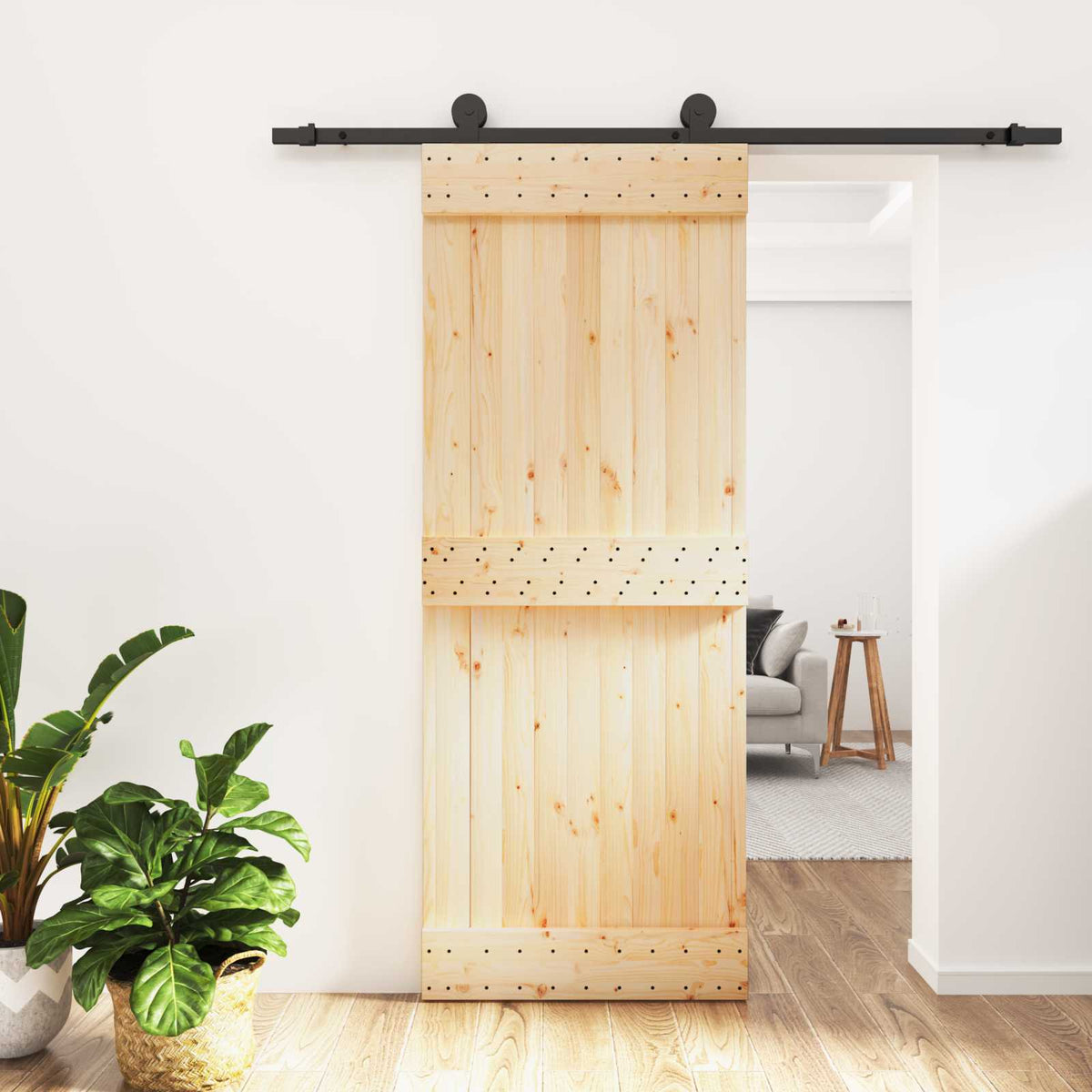 Skydedør Naturfarvet og sort 80 x 210 cm Massivt Fyrretræ