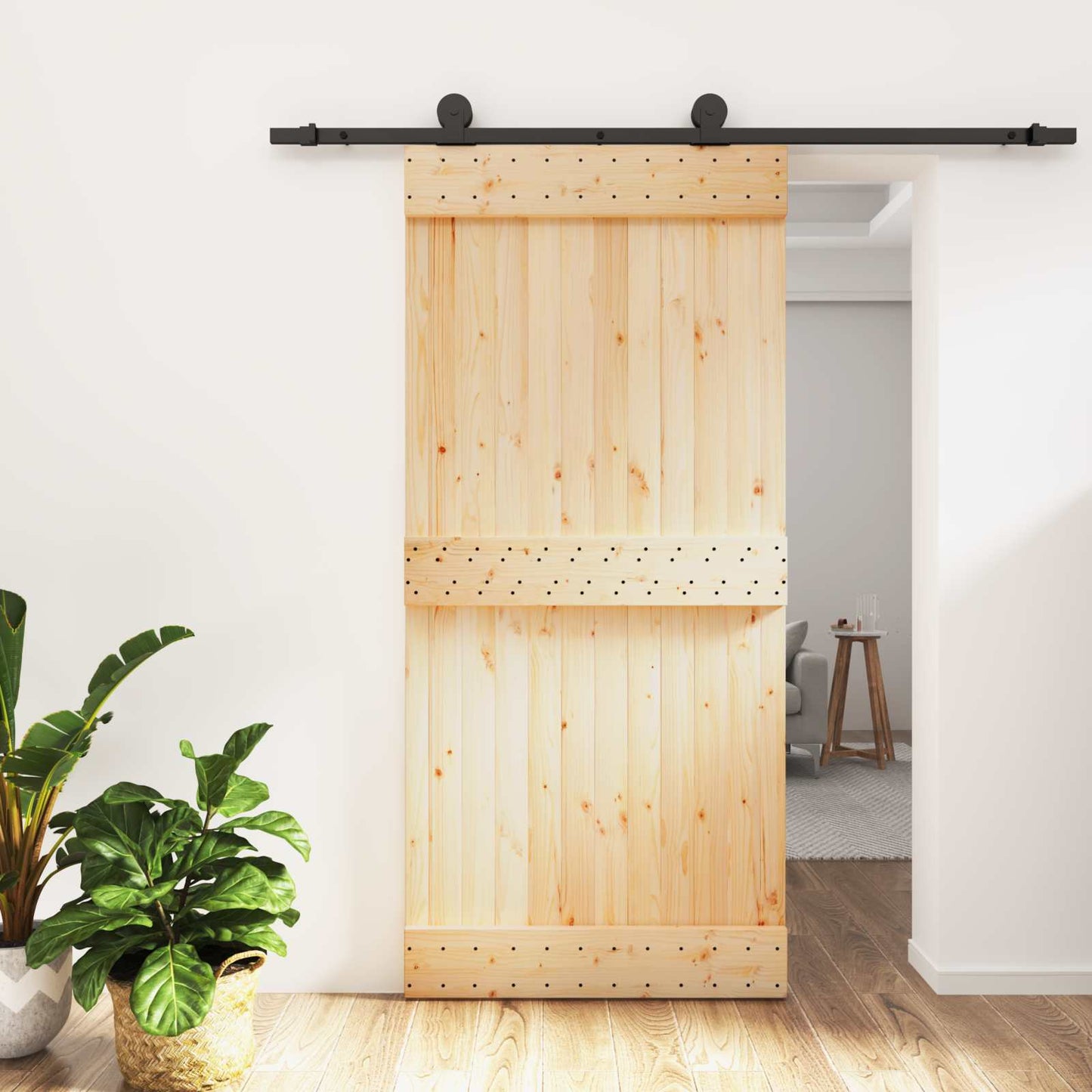 Skydedør Naturfarvet og sort 95 x 210 cm Massivt Fyrretræ