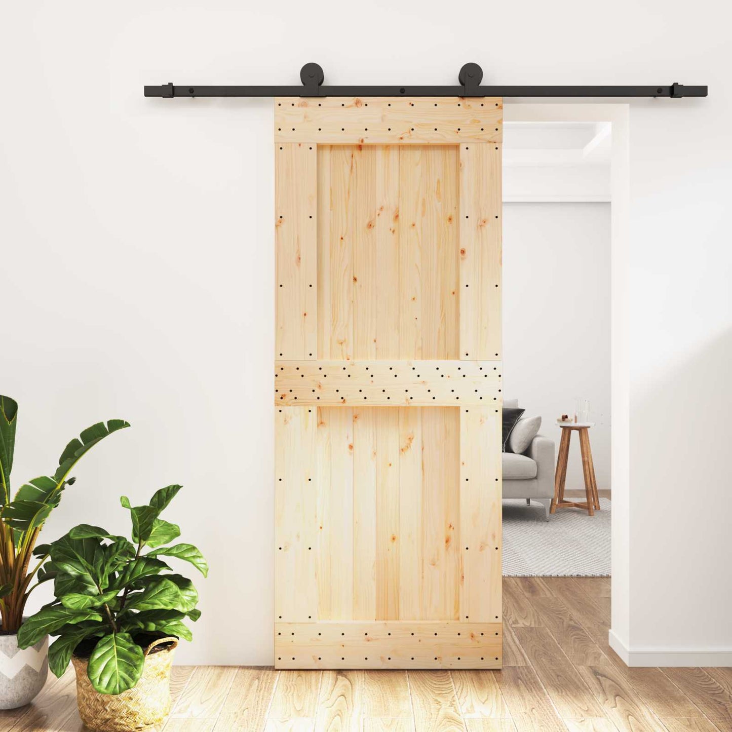 Skydedør Naturfarvet og sort 85 x 210 cm Massivt Fyrretræ