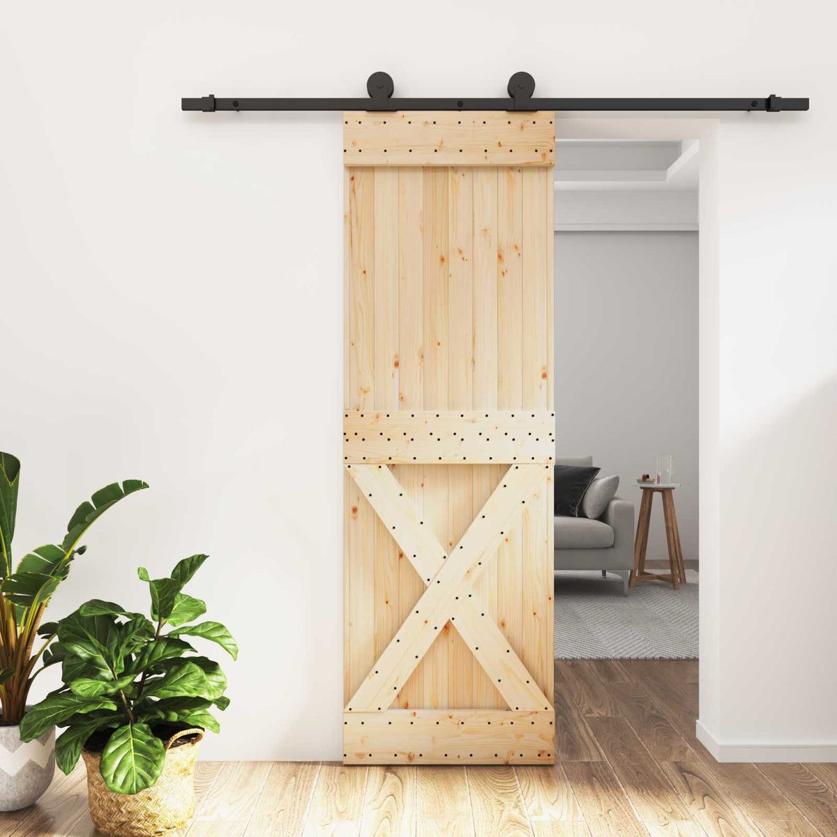 Skydedør Naturfarvet og sort 70 x 210 cm Massivt Fyrretræ