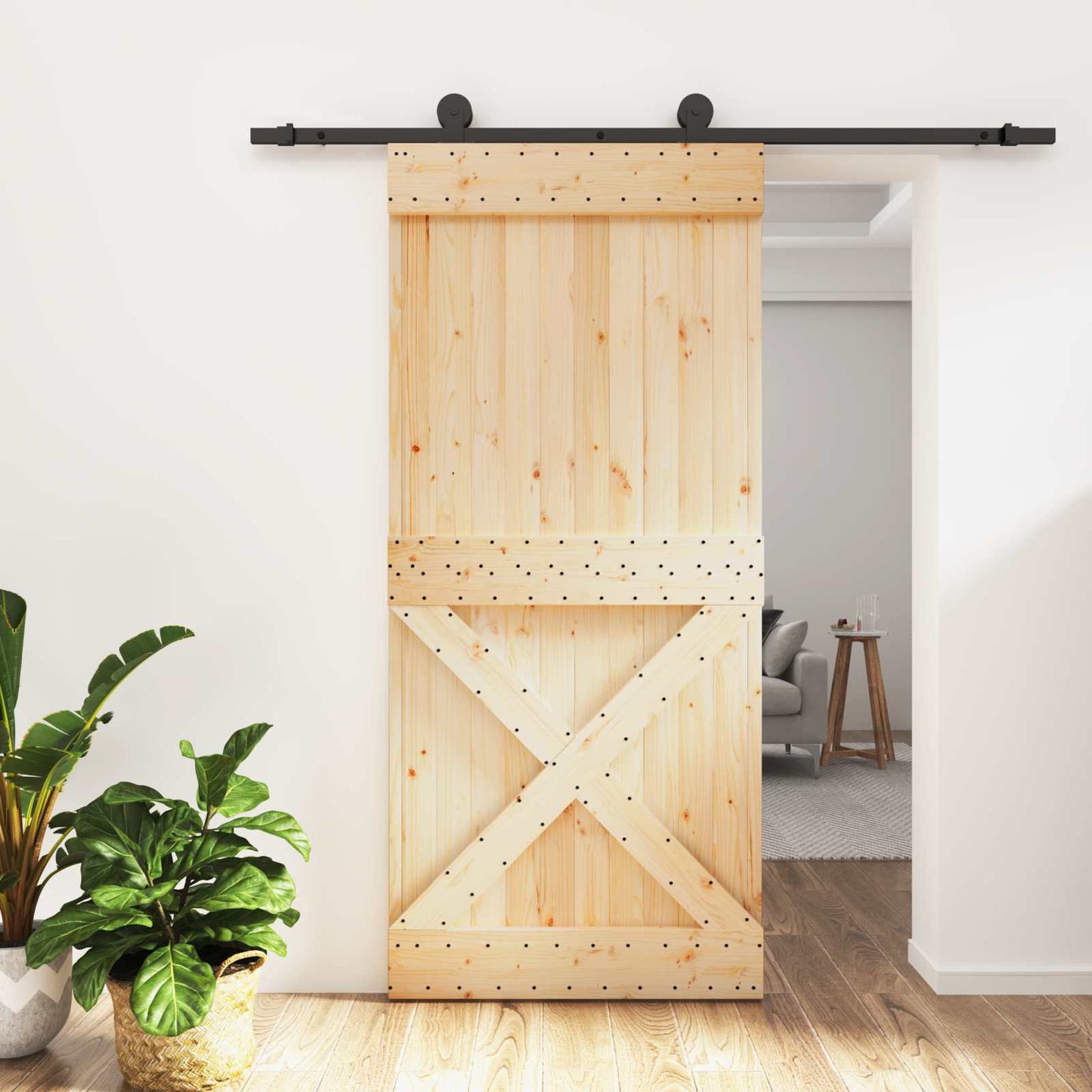 Skydedør Naturfarvet og sort 95 x 210 cm Massivt Fyrretræ