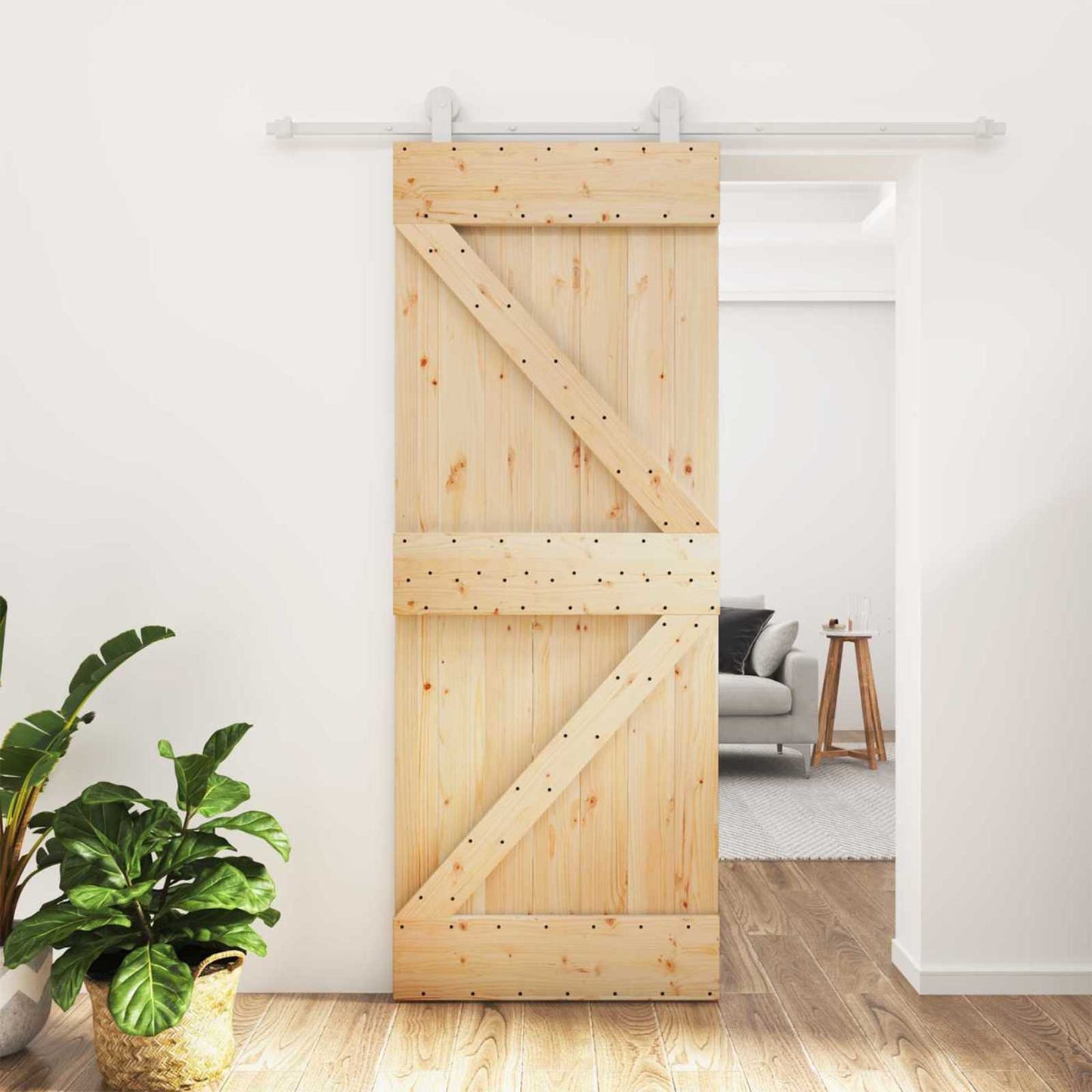 Skydedør 80 x 210 cm Massivt fyrretræ Natur og hvid