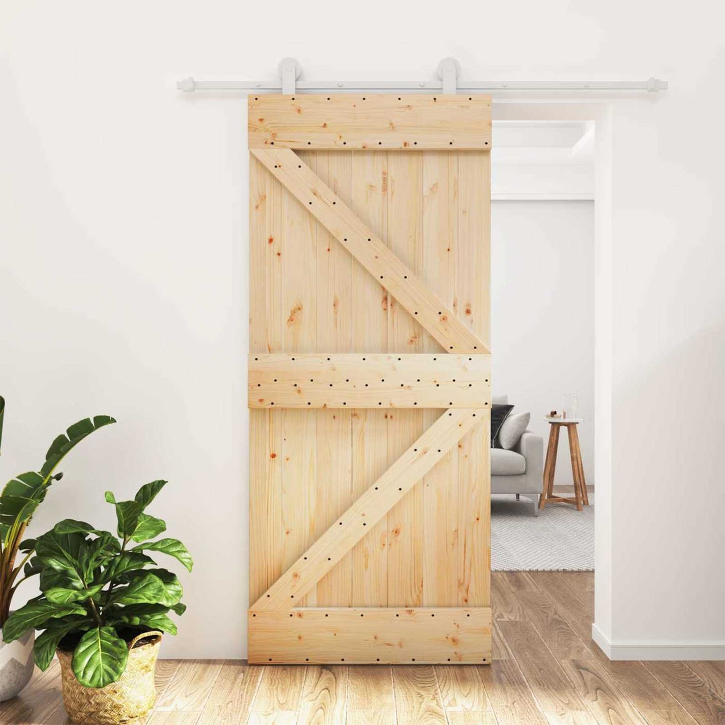Skydedør 90 x 210 cm Massivt fyrretræ Natur og hvid