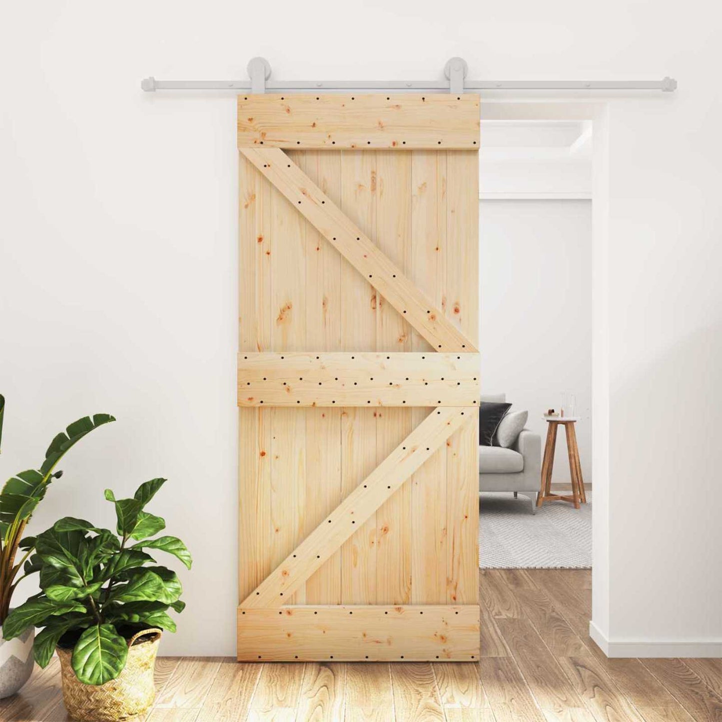 Skydedør 90 x 210 cm Massivt fyrretræ Natur og hvid
