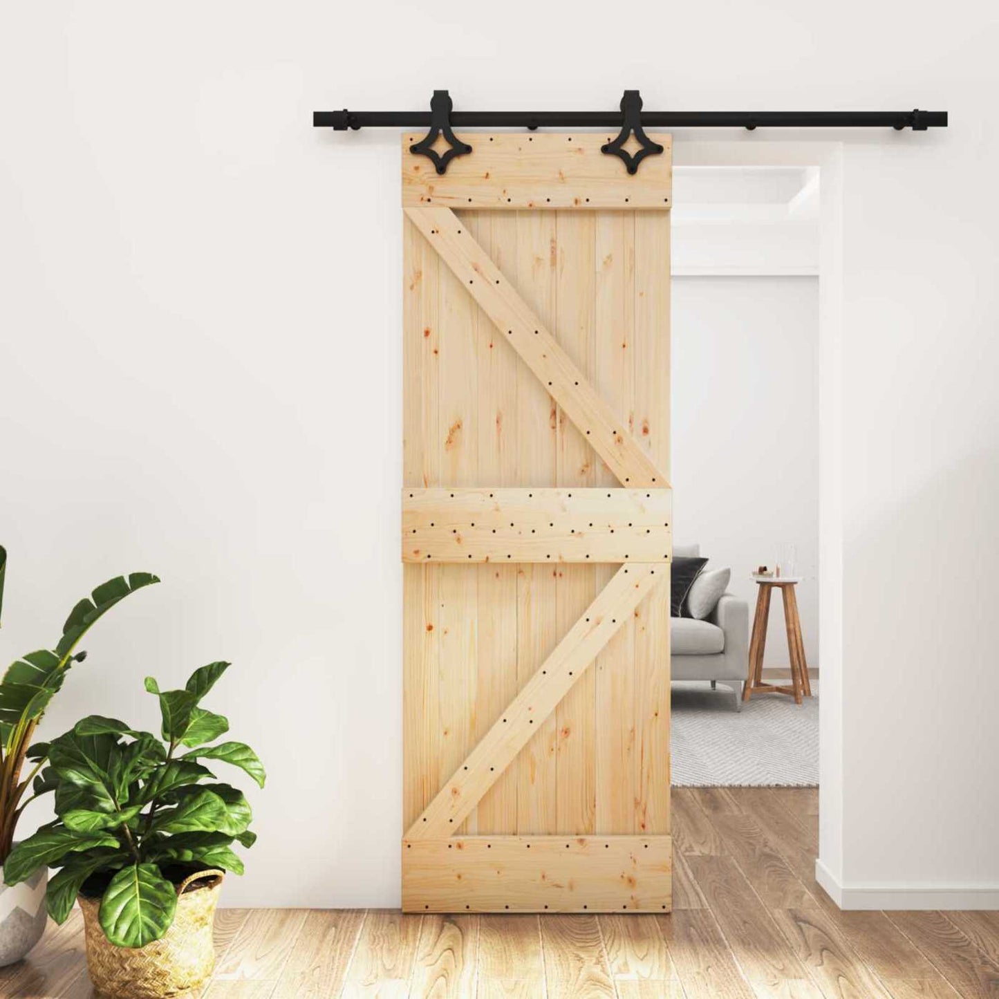 Skydedør Naturfarvet og sort 70 x 210 cm Massivt Fyrretræ